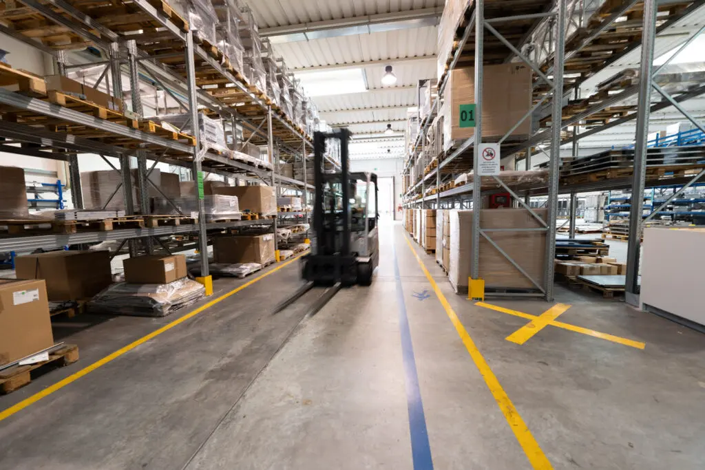 Magazzino con prodotti finiti con muletto