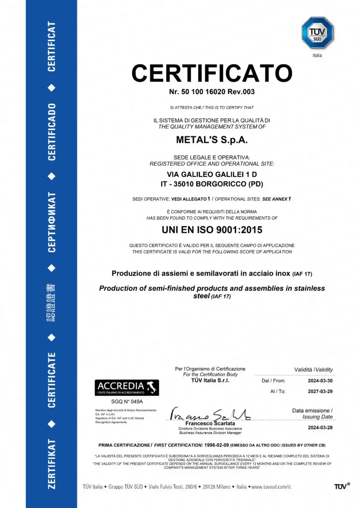 certificazione 50 100 16020 rev 003 ISO 9001