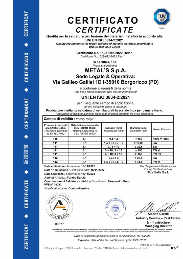 Certificazione Metal's ISO 3834-2:2021
